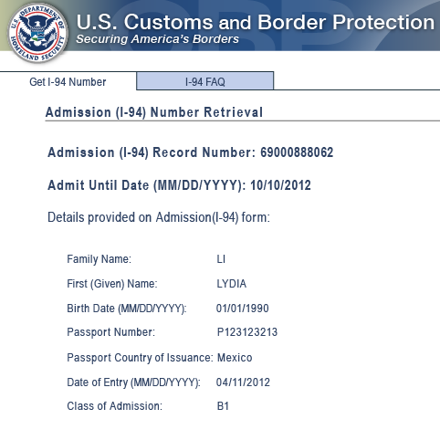 Sample electronic Form I-94 issued from CBP