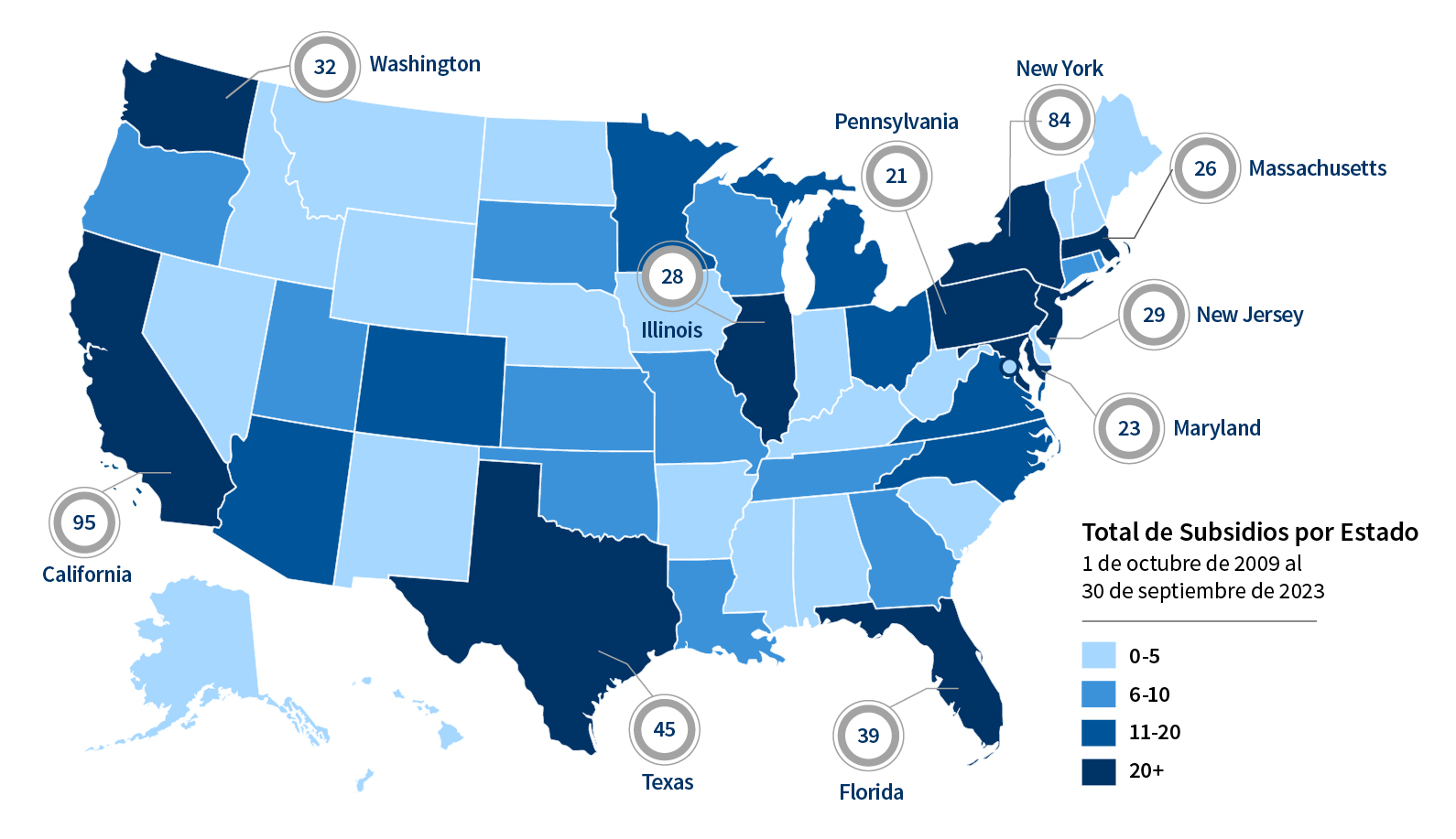 Mapa de los beneficiarios de subvenciones en Estados Unidos